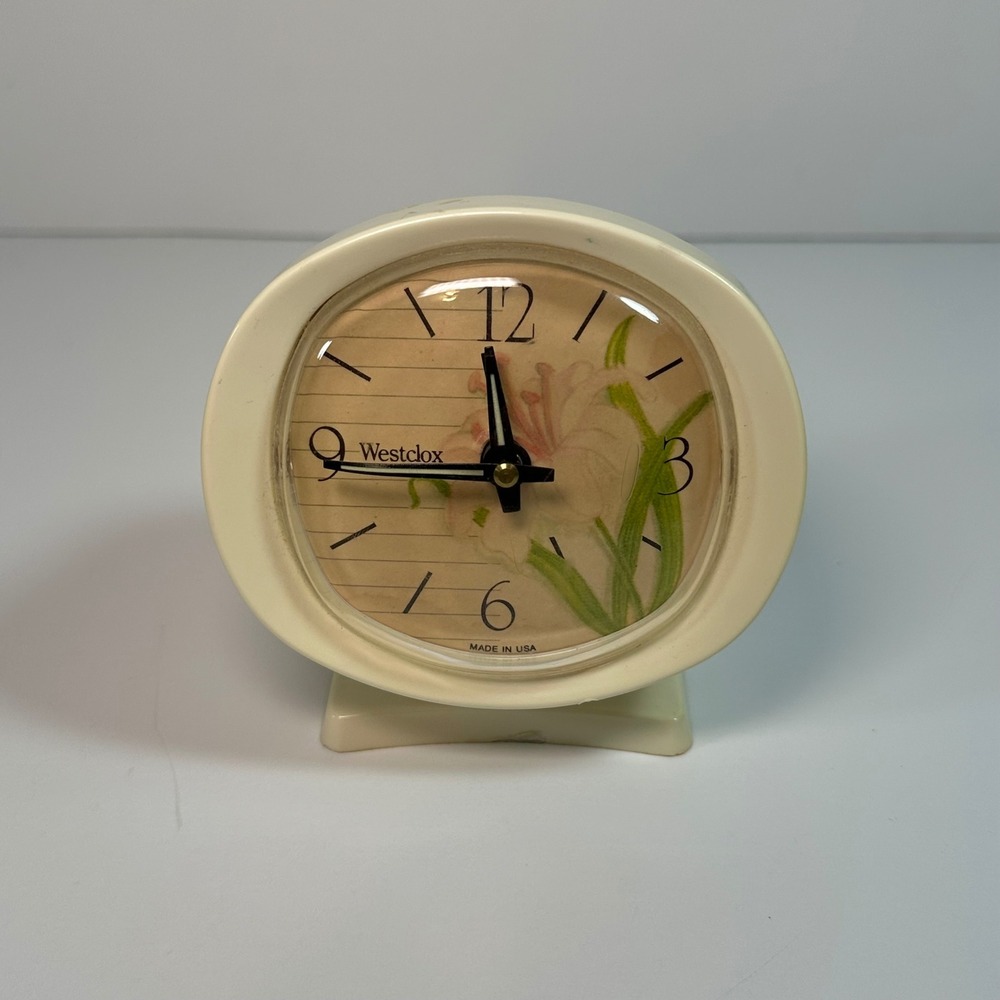 Vintage‎ Westclox Alarm Clock Oval Cream Floral Lily Face Wind Up Made in USA *